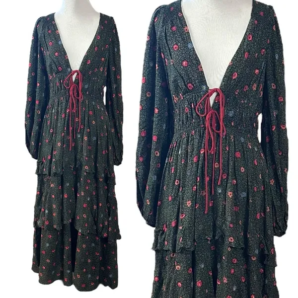 Free People Bohemian Gypsy Tiered Ruffle Maxi Dress Size Medium Witchy Plunge - Image 5