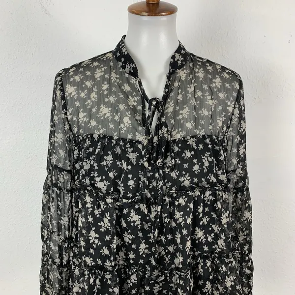 English Factory Blouse Small Black Gray Sheer Boho Long Sleeve Vintage - Image 3