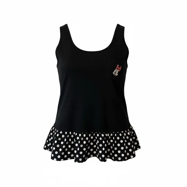 Disney Parks Embroidered Minnie Mouse Black White Polka Dot Tank w Ruffled Hem L - Image 2
