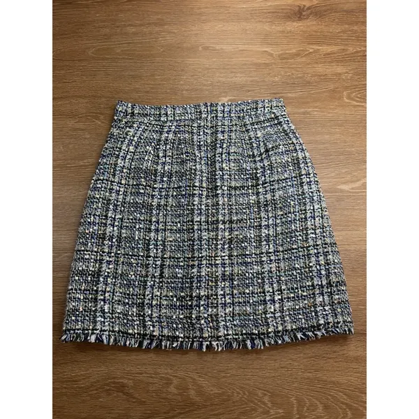 Ann Taylor Tweed Skirt Women 2 Blue Green Boucle A-Line Mini Fringe Pockets - Image 12