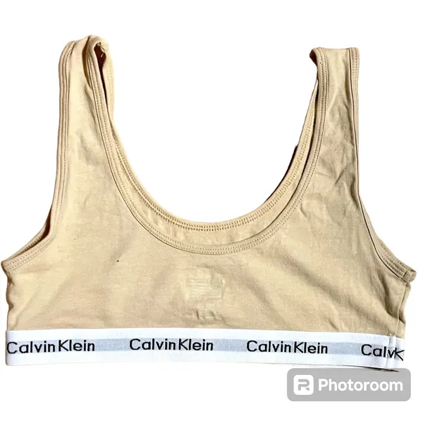 Calvin Klein Tan Beige Unlined Bralette with White Elastic Band Sz L NWOT - Image 2