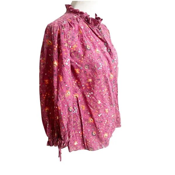 Sundance Women’s Floral Button Front Blouse Prairie Style High Collar Berry Med - Image 3