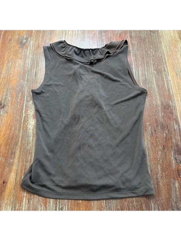 DKNY Olive Green Sleeveless V-Neck Ruffle Blouse Small - Image 8