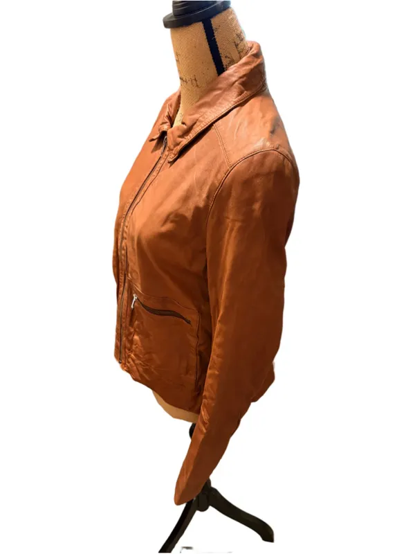 Hinge Zip Pocket Leather Jacket Brown Size 1 (19” PTP oversized) NWT - Image 7