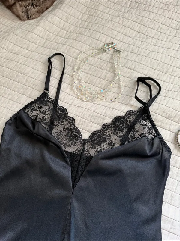 Bestform Vtg 80’s 36 black lace trim nylon lingerie bodysuit whimsy goth - Image 3