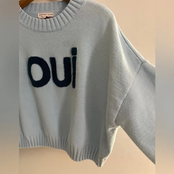 Sincerely Jules OUI Cropped Sweater Size M Baby Blue Pastel Coquette Spell Out - Image 3