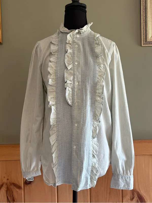 Ralph Lauren RUFFLE-TRIM CHAMBRAY Button Up Cotton SHIRT in light denim - Image 2