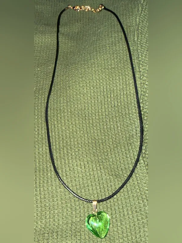 Handmade Green Heart Pendant Necklace - Black Cord - Image 3