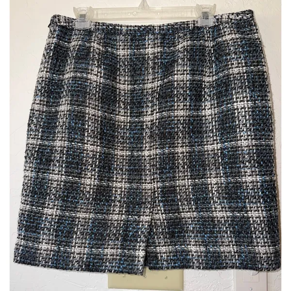 LOFT Plaid Tweed Mini‎ Skirt Blue Black White Lined Sz 12 Preppy Academia - Image 2