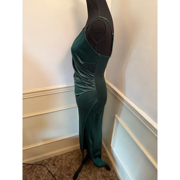 Emerald Green Satin Surplice Midi Dress with Slit Jewel Tone Wedding Guest - Image 6