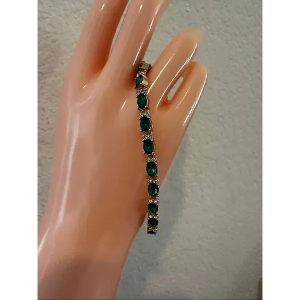 Emerald Green Rhinestone Tennis Bracelet Gold Tone - Image 2