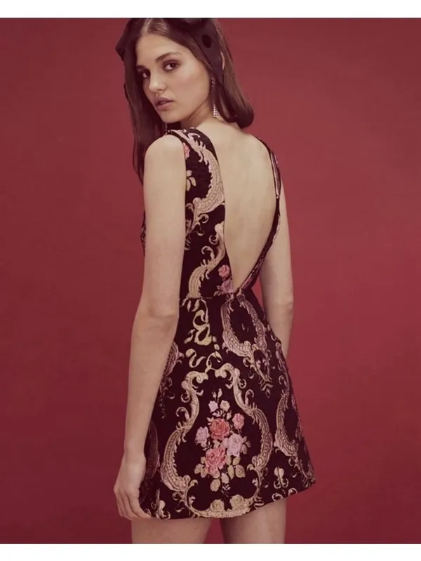 NWT For Love & Lemons S M 4 6 Brocade Tapestry Mini Dress Jacquard Sheath Floral - Image 3