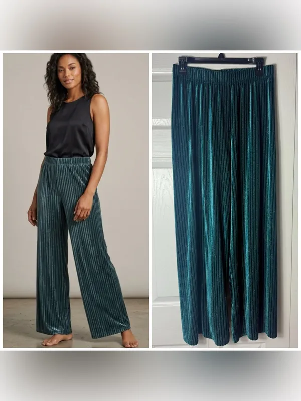 House of Harlow 1960 Teal Green Velvet Striped Wide Leg Pants Small Stretch - Image 2