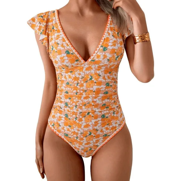 Aidonger‎ Orange Green Floral Ruched One Piece Swimsuit Large NWT - Image 8