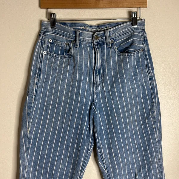 American eagle pin striped high rise mom‎ denim ankle jeans size 4 festival cute - Image 3