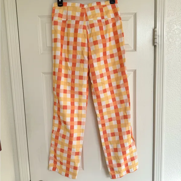 Free People She's All That Printed Checker Pants Orange‎ Yellow White 4 High Rise - Image 8