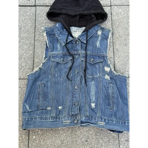 Others Follow Women Hooded Denim Vest Distressed Blue Jean Jacket Sleeveless XL - Image 3