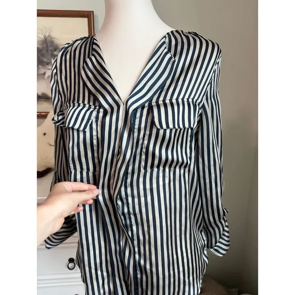 Love Culture coastal nautical Striped Satin Blouse Navy Cream Roll Tab Sleeve Button Up - Image 3