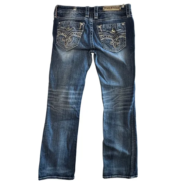 Rock Revival Beliss Bootcut Jeans Women 31 Embellished Flap Pockets Mid Wash Y2K - Image 2