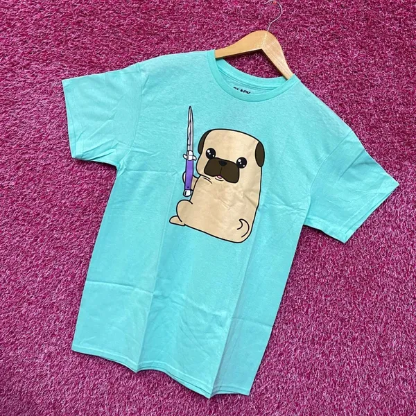 Kawaii Pug the Thug Butterfly Knife Doggo Black Matter Tee L - Image 3