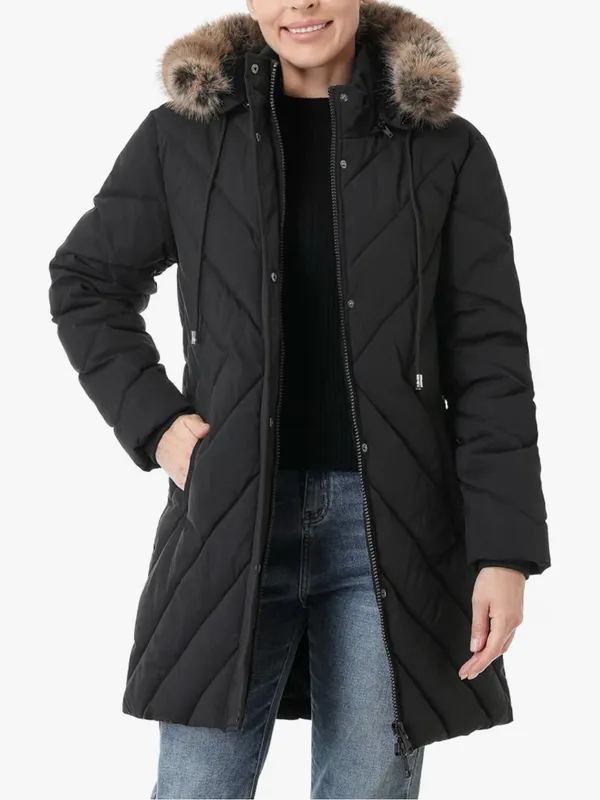 Women's Black Quilted Puffer Coat with Faux Fur Hood AP - Image 2