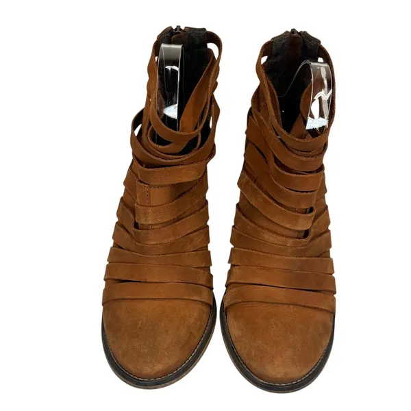 Free‎ People Womens Sz 40 Brown Strappy Leather Cutout Heeled Booties Block Heel - Image 9