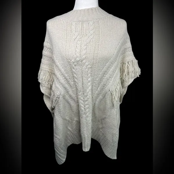 Apt. 9 Honor Roll Knit Cable Fringe Poncho Sweater Ivory Off White - Image 2