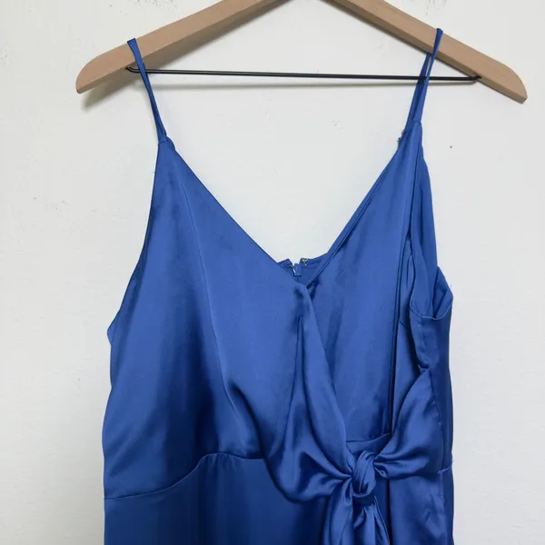 Anthropologie Chelsea28 Women Dress XL Blue Satin‎ Faux Wrap Midi Party Cocktail - Image 4