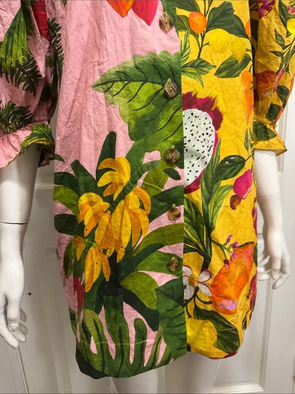 Farm Rio 100% Cotton Tropical Fruit Print V-Neck Mini Dress - Pink Yellow Sz XS - Image 4