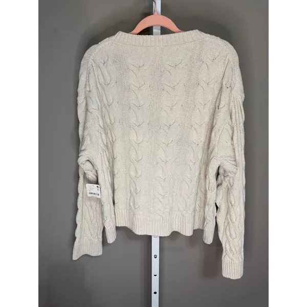Free People Washed Cable V-Neck Knit Sweater Cream XL NWT Quiet‎ Luxury - Image 9