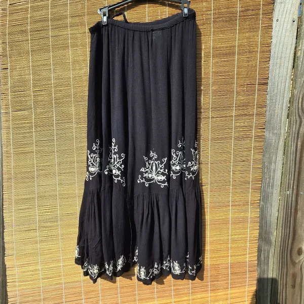Bila Rayon Black Embroidered Tiered Bohemian Skirt Sequins Large - Image 6