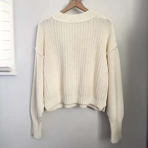 Free People XL Bell Song Sweater Ivory Boxy Fit Relaxed Rib Thick Crew Neck - Image 3