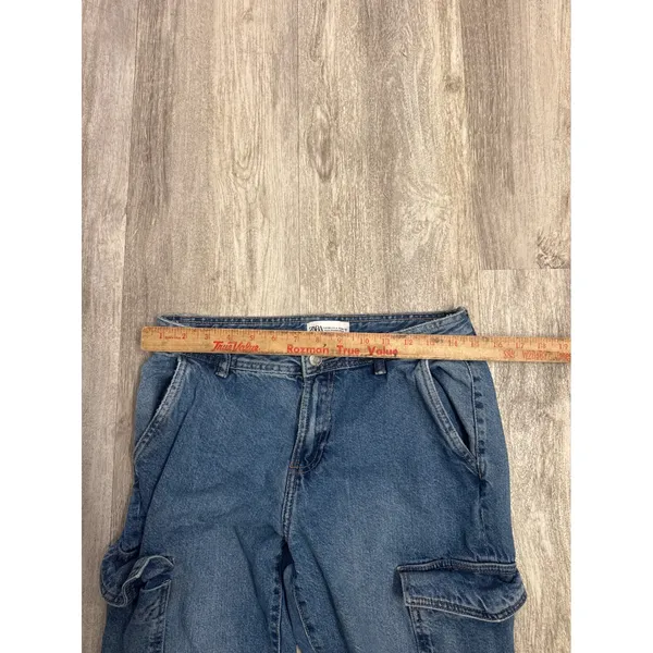 Zara Womens Blue Mid Rise Cargo Straight Leg Jeans with Side Slits Size 4 - Image 6