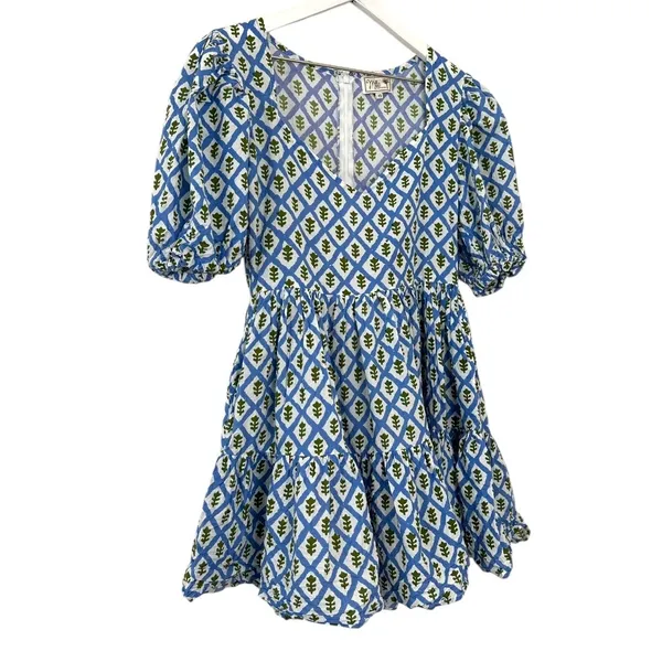 Mille Aneli Blue & Green Block Print Puff Sleeve Mini Dress Size XS - Image 6