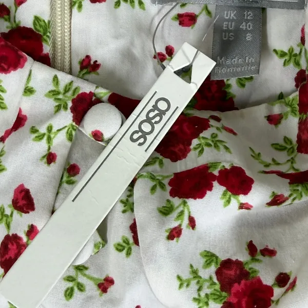 ASOS Design Floral Puff Sleeve Babydoll Mini Dress White Red Rose US 8 NEW - Image 3