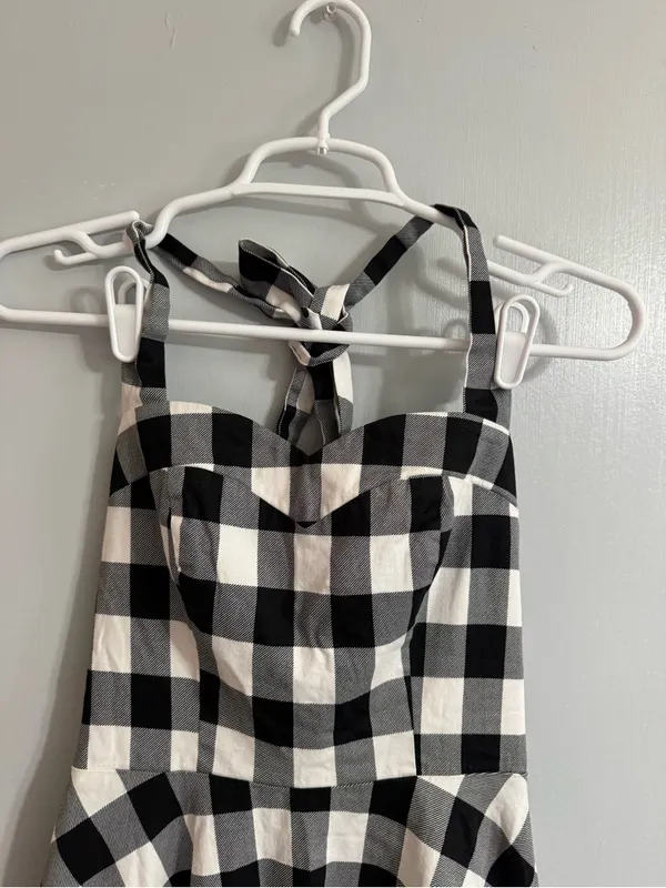 Topdress Black White Gingham Backless Halter Dress Size Small Retro Trad Wife - Image 5