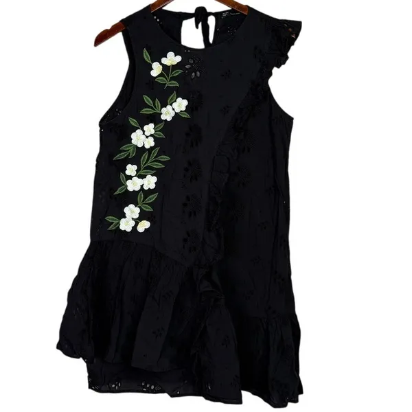 Zara Delicate Eyelet Floral Daisy Embroidered Sleeveless Mini Dress Large Black - Image 2