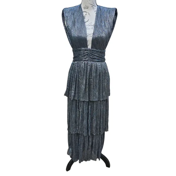 Sabina Musayev Bonita Dress Metallic Tiered Midi Plunge Sleeveless‎ Size XS - Image 2