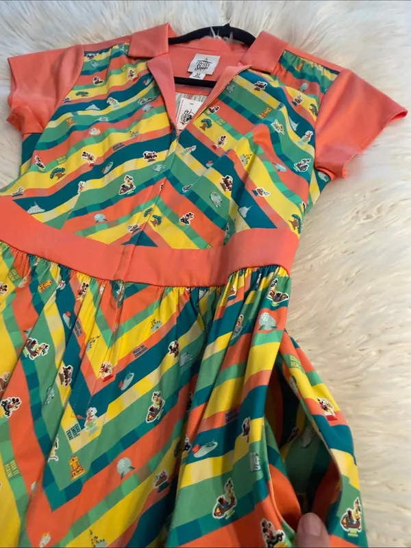 Disney Coral, Teal & Yellow Striped Fit-and-Flare Dress size M length 42” B32” - Image 9