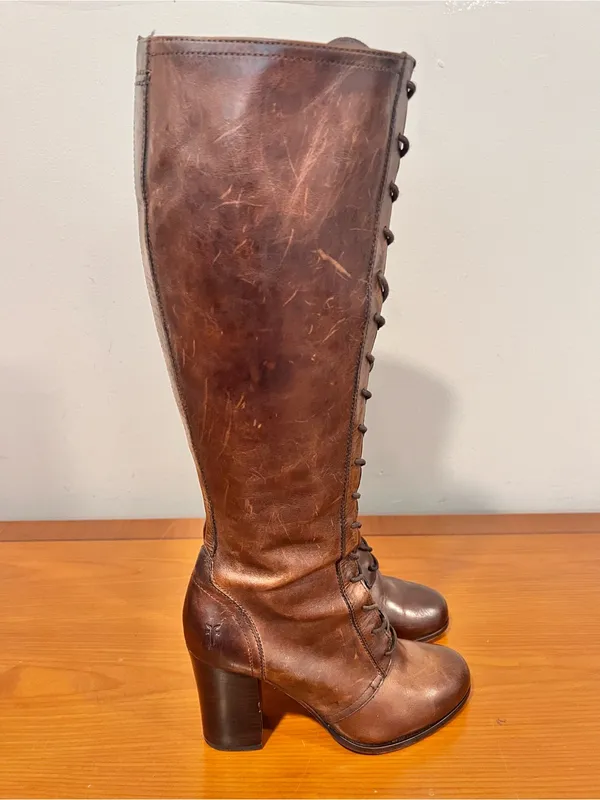 Frye Parker Lace Up Victorian Brown Real Leather Tall Knee High HeelBoots Sz 9.5 - Image 5