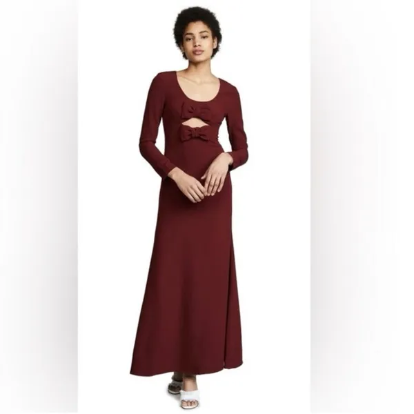 Staud Lido Womens Red Double Bow Cut Out Long Sleeve Maxi A-Line Gown Dress Sz 8 - Image 6