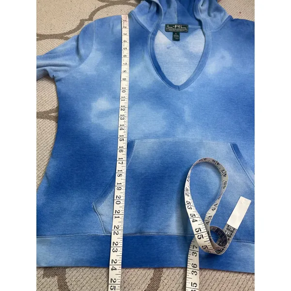 Lauren Active Ralph Lauren Waffle Knit V-Neck Hoodie Blue Tie Dye Sweatshirt XL - Image 8