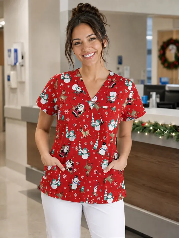 Just Love Christmas Holiday Medical Scrub Top V-Neck Pockets Red Snowman Santa M - Image 3