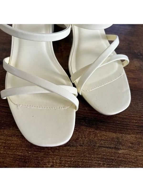 Qupid‎ Strappy Block Heel Slide Sandals Size 10 Cream Square Toe Minimalist - Image 3