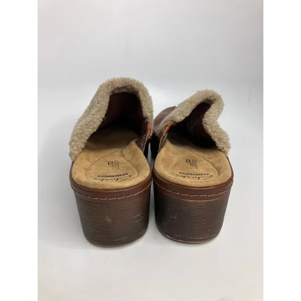 Clarks Clogs Women 10 Brown Good Leather Faux Shearling Trim Platform Mules - Image 4