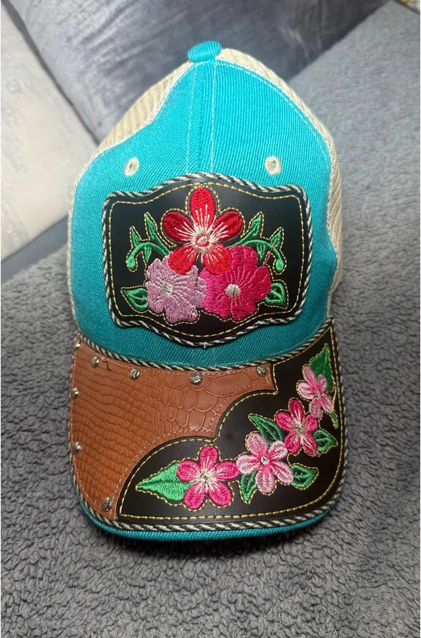 Blue leather trucker hat with floral embroidery - Image 2