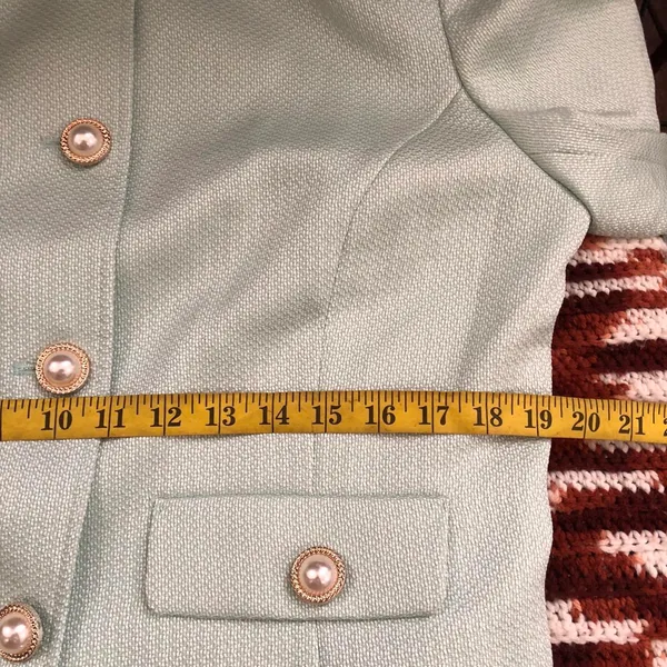 NWT JM Studio John Meyer Light Mint Green Tweed Blazer Jacket Pearl Gold Button Linen Blend Preppy Old Money Office Siren #Regal #Regency Women M Measurement in pics - Image 7