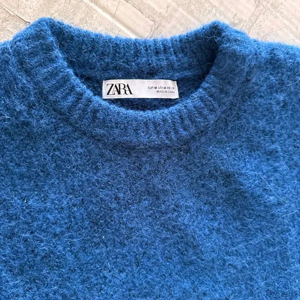 Zara Blue Short Sleeve Fuzzy Knit Alpaca Wool Blend Cropped Sweater Top Sz M - Image 3