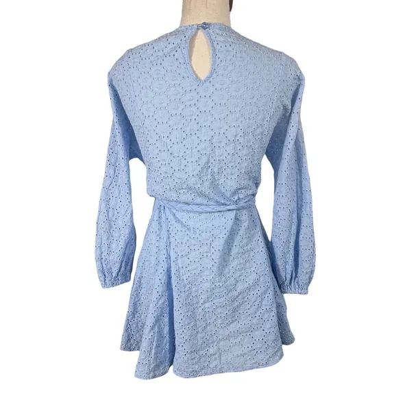 GB Eyelet Lace Mini Dress Womens L Light Blue Braided Tie Waist Long Sleeve Boho - Image 5
