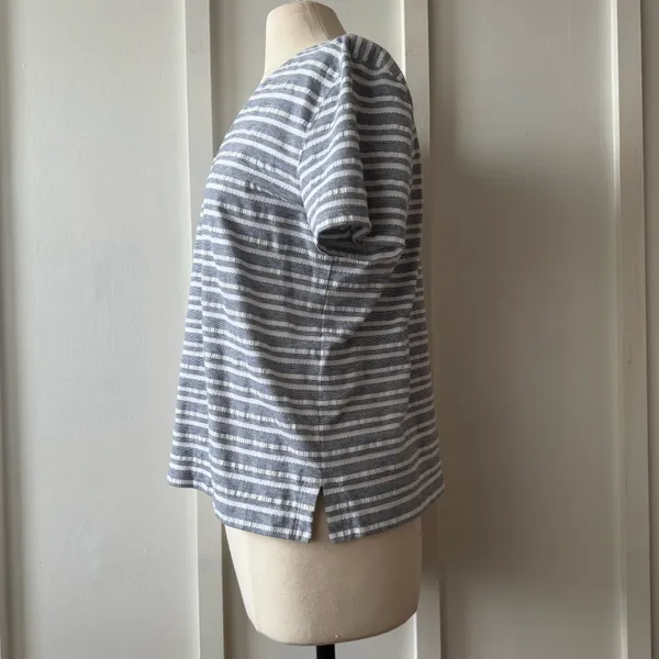 Loft Blue and White Textured Stripe V-Neck Tee - Image 3